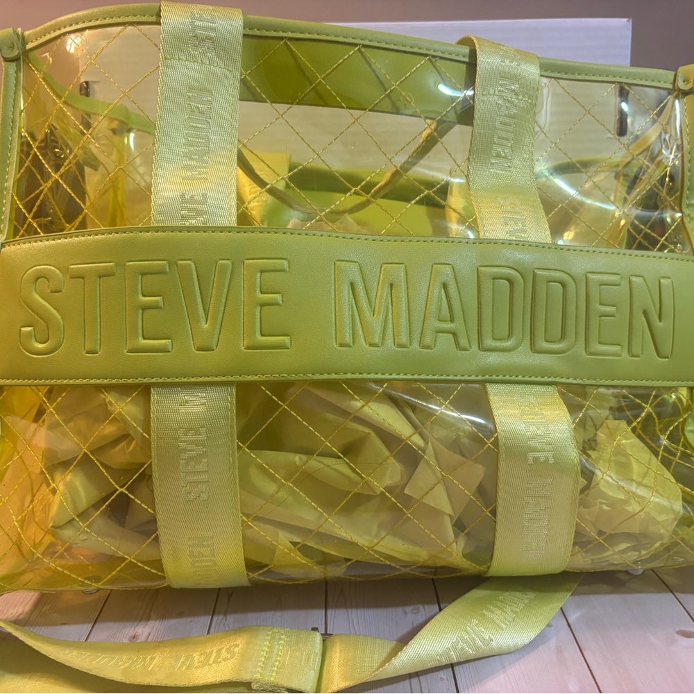 Steve Madden Neon Yellow Clear Tote Bag w/ Pouch & Strap Transparent Jelly Purse